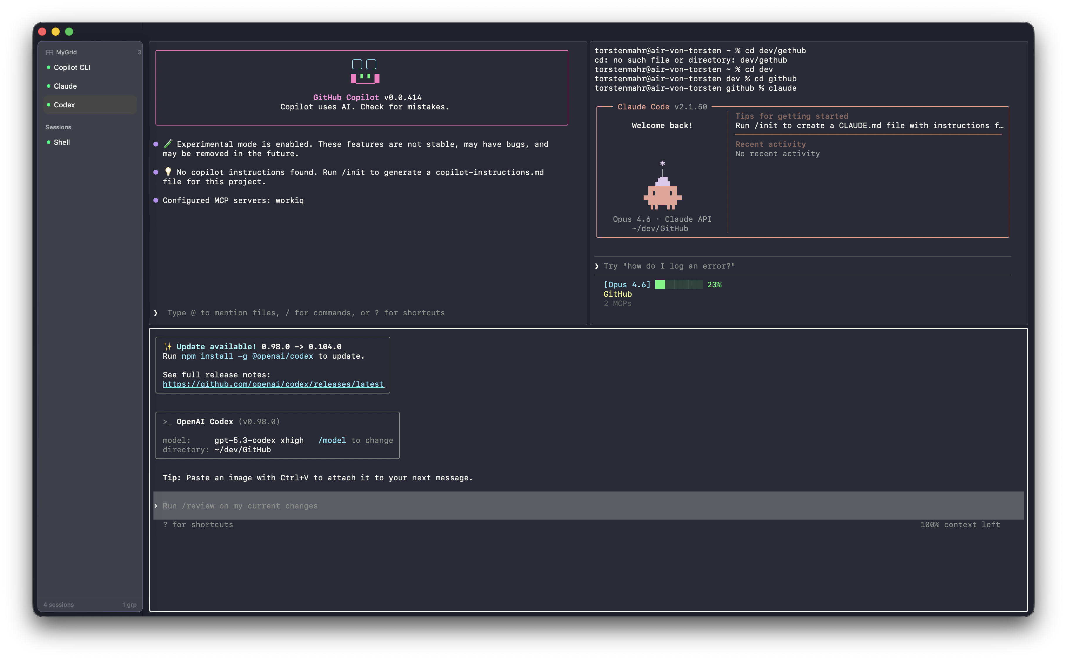 HiveTerm showing three terminal sessions in a grid layout — dev build output, server logs, and monitoring — all visible at once