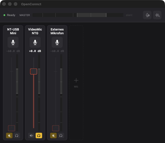The OpenConnct window: three microphone channels, each with a fader, a level meter and mute and solo buttons, below a master level bar.