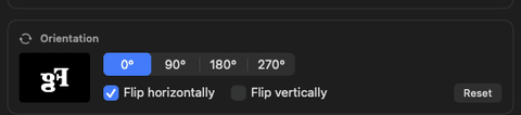 The orientation control cycling through 0°, 90°, 180°, and 270°, with a live preview glyph that flips and rotates to match.