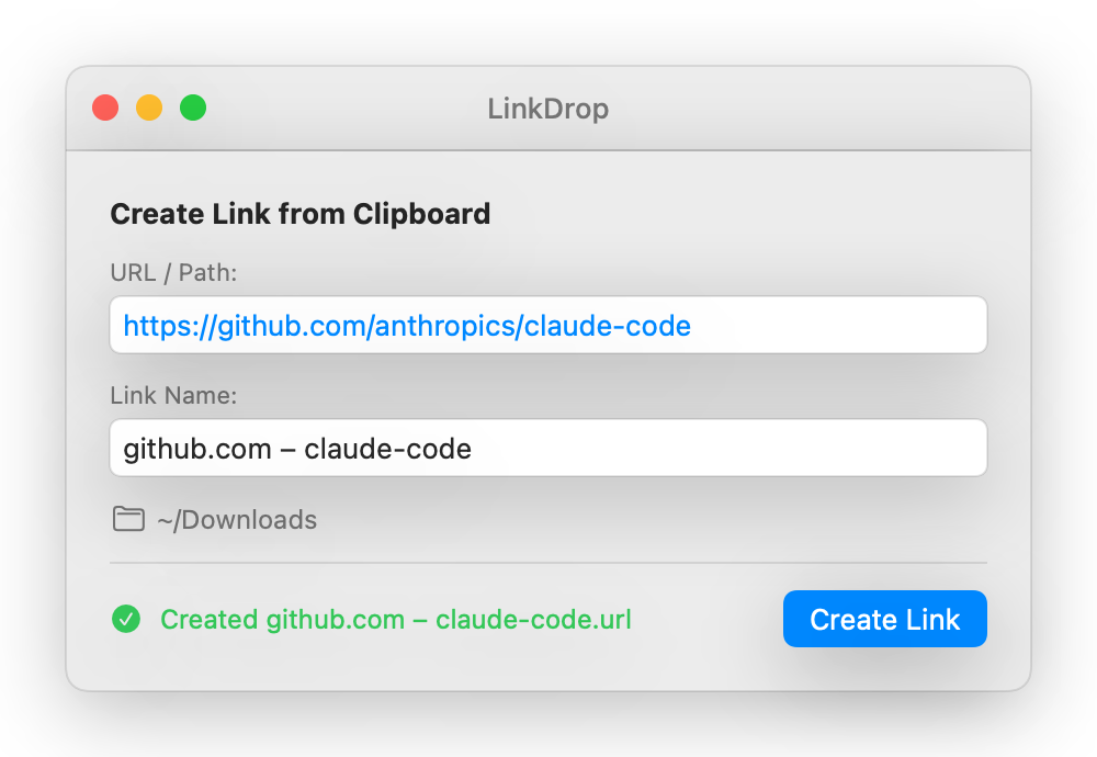 LinkDrop main window showing a URL being saved as a .url file