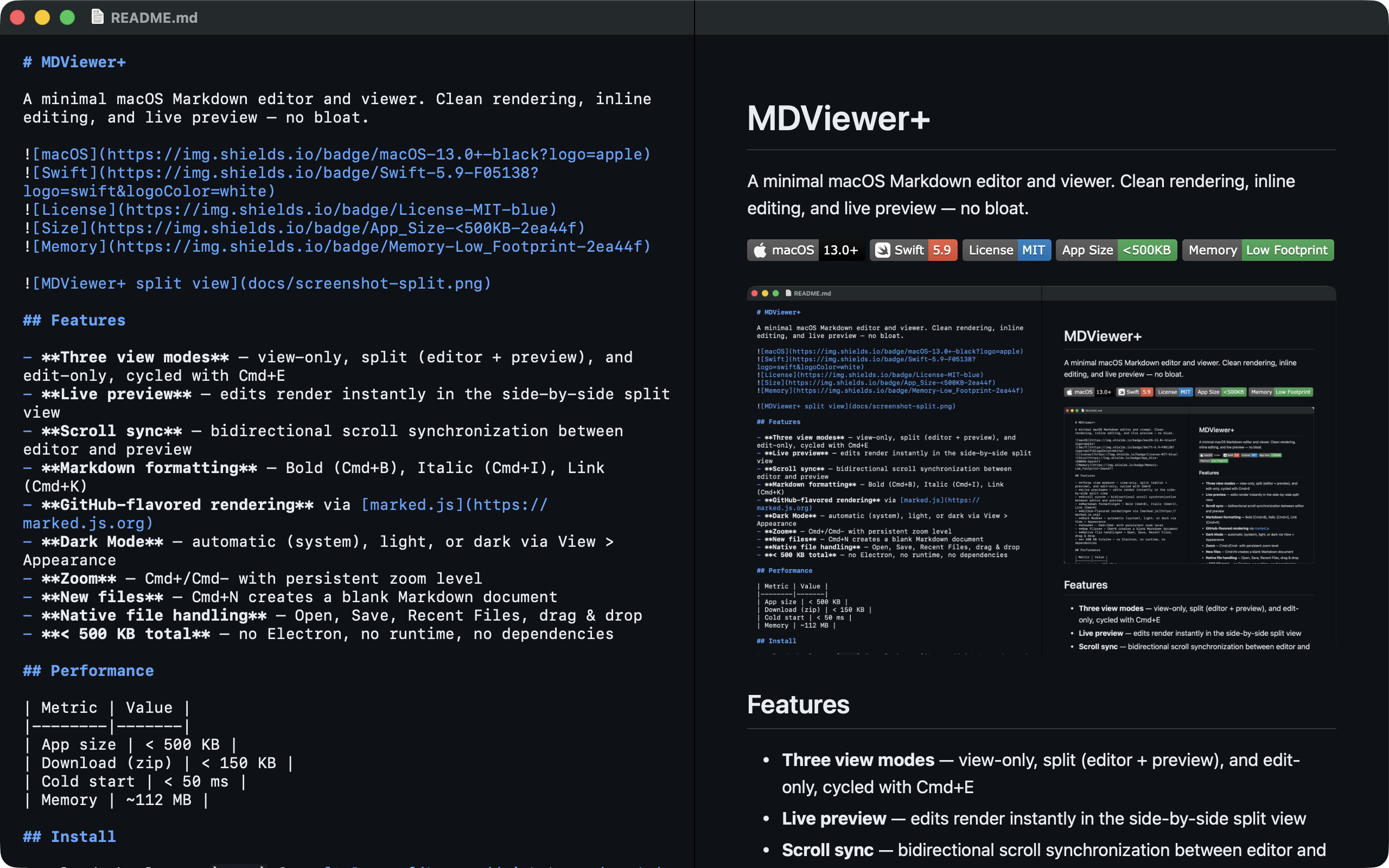 MDViewer+ split view with syntax highlighting