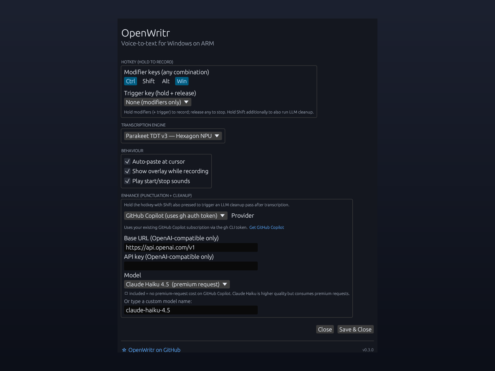 OpenWritr settings window